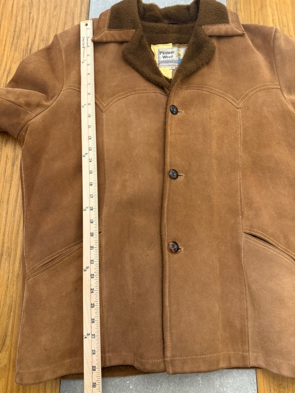 Vintage Pioneer Wear Suede Sherpa Rancher Jacket Brown Western Coat Size 44 - Picture 15 of 16